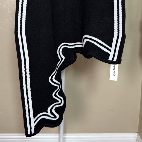 Commense Black Asymmetrical Knit Midi Dress White Contrast Trim Large NWT - Picture 7 of 11